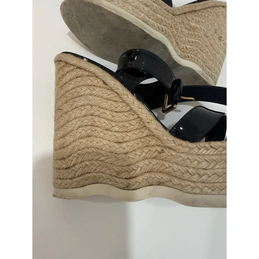Yves Saint Laurent Espadrille Wedge Sandals Shoes Dark Blue Leather Size 37.5‎